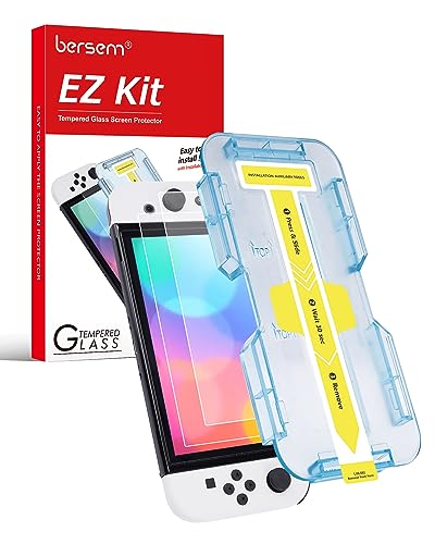 BERSEM 2 peças protetor de vidro temperado ecrã para Nintendo Switch OLED versão de 7 polegadas 2021, instalação fácil, dureza de 9H, anti-riscos, sem bolhas, grande sensibilidade