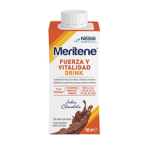 Meritene, Força e vitalidade Drink, sabor de chocolate, pronto a tomar, força para os seus músculos, qualidade para si, batimento com proteínas, vitaminas e minerais, 6 unidades, 180 ml