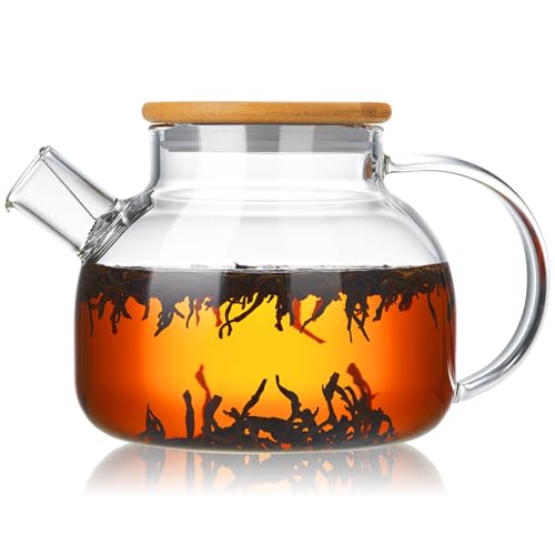 MESNEY Bule de vidro para aquecedor de 1000 ml, chaleira de borosilicato resistente ao calor com infusor, tampa de bambu e anel de silicone para chá solto, infusão fria e chá florescente