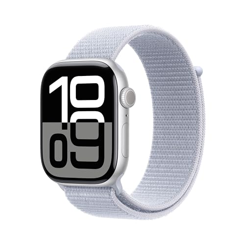 Apple Watch Series 10 GPS Cellular Smartwatch com caixa de alumínio prata de 46 mm e correia Loop desportiva azul nuvem - tamanho único. Monitor de treino, App ECG e neutro em carbono