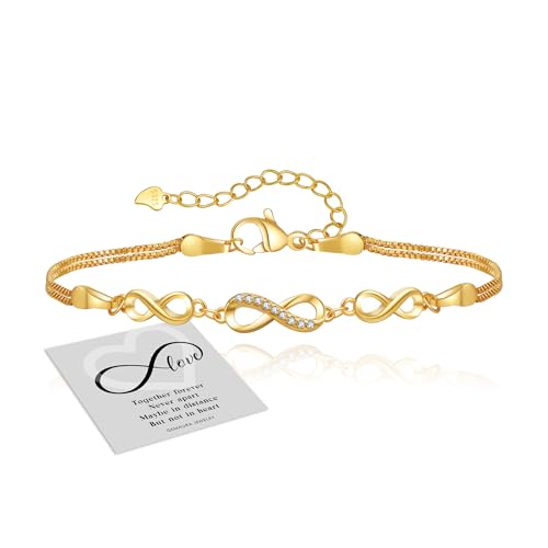 GEMAURA Pulseira de prata 925 para mulher, pulseira infinito de prata com zircão, pulseira ajustável em ouro, coração de prata, pulseira infinito, pulseiras de amizade, jóias presentes para mulheres