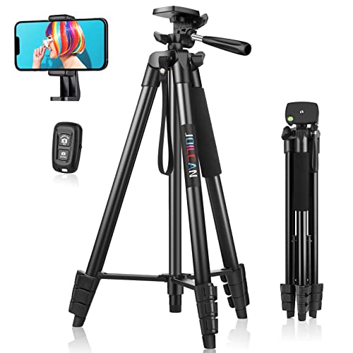 JOILCAN Tripé para telemóvel 161 cm, tripé para telemóveis de alumínio extensível com controlo remoto, bastão selfie tripé com suporte para iPhone/Samsung/Android telefones / câmara pequena