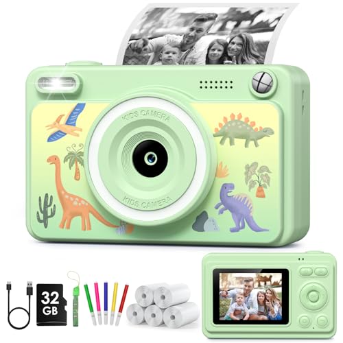GREENKINDER Câmara fotos infantis instantâneas, HD/1080P câmara instantânea para crianças com cartão de 32 GB e 5 rolos de papel térmico, câmara fotos infantis presentes de brinquedo para crianças de