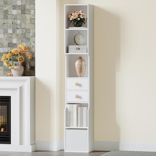 Hzuaneri Prateleira para livros, livraria vertical de 7 níveis, com 4 compartimentos abertos, 2 gavetas e 1 gaveta de tecido, livraria moderna de madeira para sala de estar, estúdio, quarto, branco