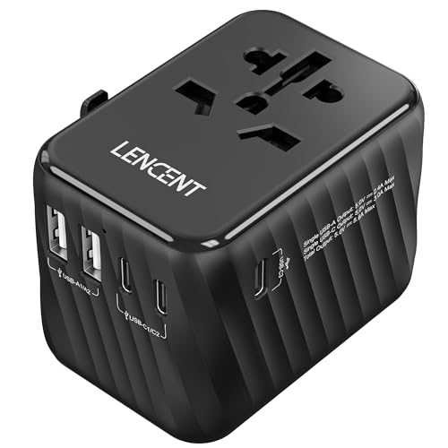 LENCENT Adaptador de tomada universal para viagem, carregador internacional com 3 portas USB-C de 5,6 A e 2 USB-A, adaptador de tomada europeia para telemóvel, tablet, portátil, EUA/UK/AU, preto