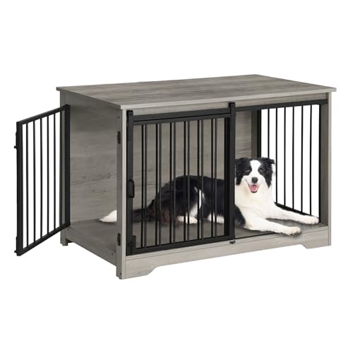 Hzuaneri 100 cm Gaiola para cães, mesa auxiliar, casa moderna para cães, gaiola para cachorros, duplex para animais, 2 portas, 60 x 100 x 68 cm, marfim claro DFC02305B