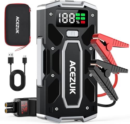 ACEZUK Arrancador de carros 6000A, iniciadores de bateria para carro portátil (até 8,0 l de diesel ou 10,0 l de gasolina), 12 V Jump Starter, pinças inteligentes com ecrã, luz LED, porta QC3.0