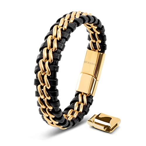 SERASAR | Pulseira de couro premium [Steel] para homem em preto | fechadura magnética de aço inoxidável em preto, prata e ouro, caixa de jóias exclusiva, ótima ideia de presente
