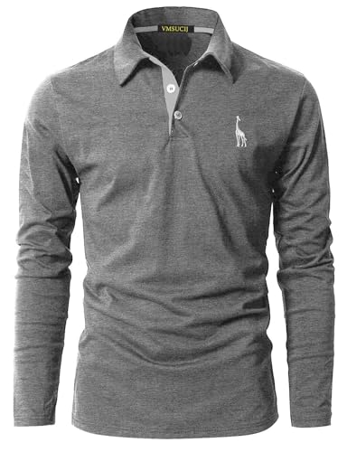 VMSUCIJ Polo de manga comprida homem algodão girafa bordado Shirt clássico golfe ténis t-shirt com bolso