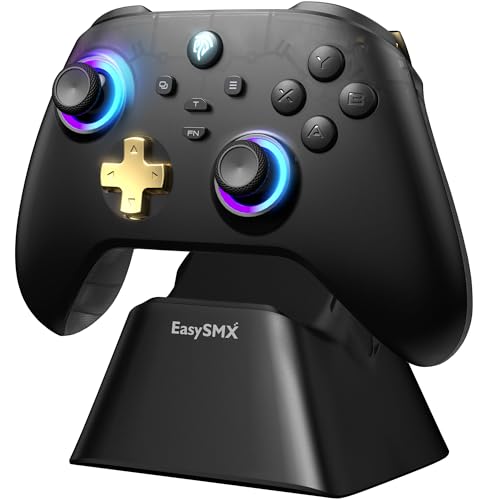 EasySMX D05 Controlo PC sem fios com base de carregamento, RGB luz - Hall Joystick - Hall Trigger, gamepad com bateria recarregável de 1000 mAh, vibração, turbo para PC/Switch/telemóvel - preto