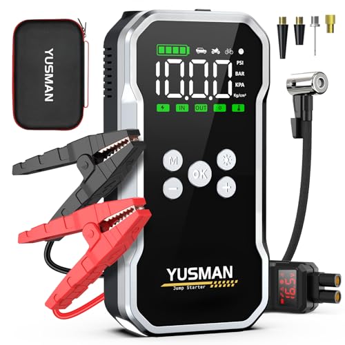 YUSMAN Iniciador de baterias de carro com compressor de ar, 12 V 6000 A iniciador de carro portátil com insuflador de 150 PSI (para 10 l gasolina ou 8 L gasolina), lanterna LED de emergência
