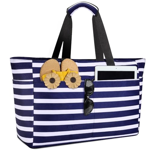 ISEYOU Bolsa Playa, Bolso Playa Mujer Impermeable Con Cremallera 45L, Bolsas Grandes XXL Familiar con 8 bolsillos Plegable Para Viajes, Picnic, Vacaciones