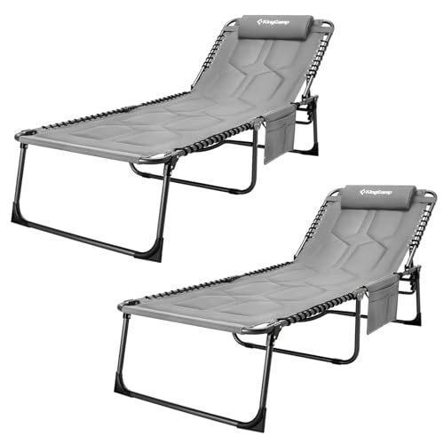 KingCamp Conjunto de 2 XXL espreguiçadeira dobrável acolchoada em 5 posições, suporta até 150 kg ergonómico, espreguiçadeira, jardim e exterior, inclui almofada de espreguiçadeira, praia, campismo