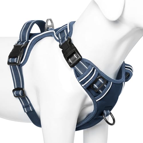 HEELE Arnês para cão médio arnês para cão colete refletor com 3 fivelas de libertação rápida arnês ajustável para cão, alça acolchoada, conforto, libertação do pescoço, azul real, L