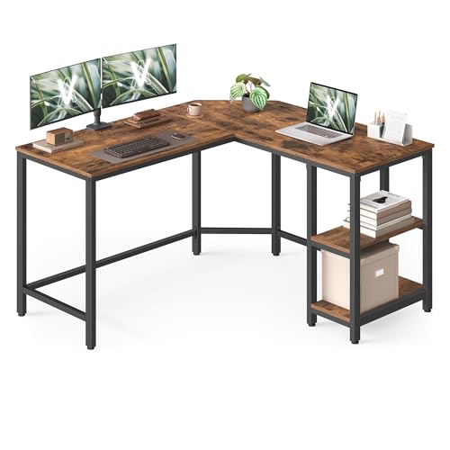 VASAGLE Secretária, mesa de computador em forma de L, 120 x 130 x 76 cm, esquina com 2 prateleiras, economiza espaço, para escritório casa, jogos, castanho rústico e preto tinta LWD123K01