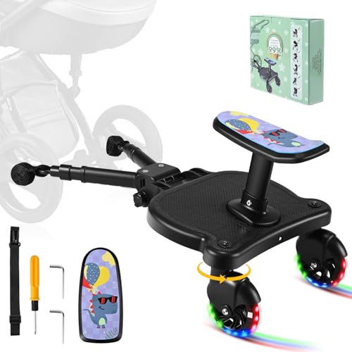 BugyKido Scooter carro bebé universal, mesa para carrinho com assento estampado, Buggy Board com rodas intermitentes, compatível com mais de 99% dos carrinhos, carga de 25 kg