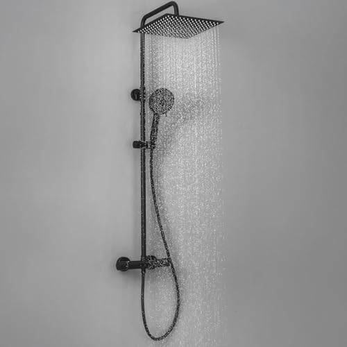 Auralum Coluna duche térmica, chuveiros de casa de banho coluna altura ajustável, cabeça de duche grande 30 x 30 cm de aço inoxidável, torneira de latão (preto)