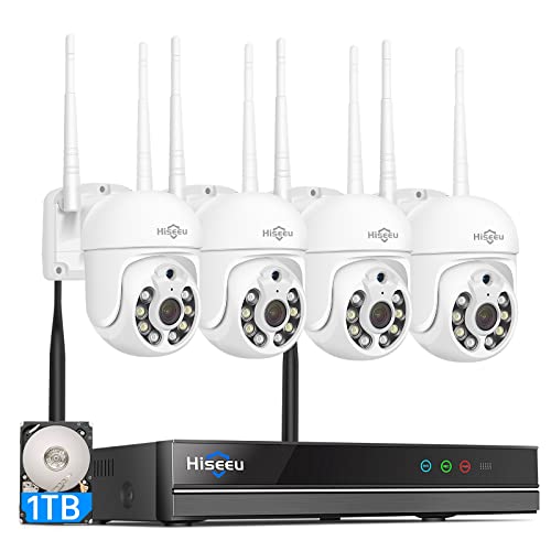 Hiseeu 5MP Kit câmara de vigilância WiFi exterior, PTZ câmara de segurança, 4 x câmara IP e 10 CH NVR, áudio bidirecional, detecção e acompanhamento, visão noturna colorida 1 TB HDD