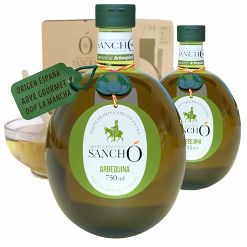 Azeite de azeitona virgem extra arbequina pack 2 x 750 ml, AOVE SANCHO Gourmet suave aromático fruta primeira extração a frio origem Espanha DOP a mancha consumo em cru - garrafa PET alimentar