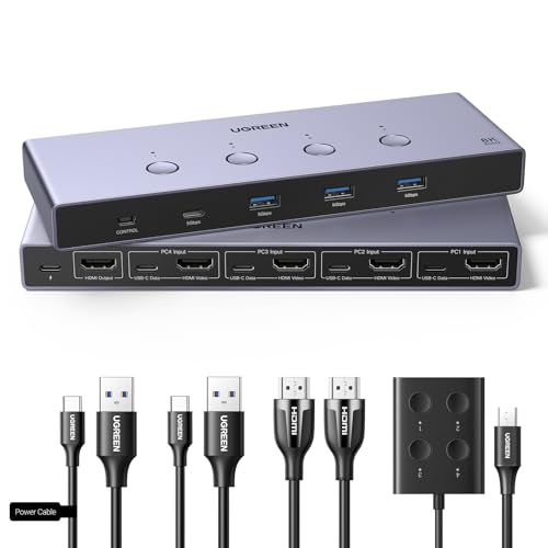 UGREEN HDMI 2.1 KVM Switch 4 In 1 out 8 K@60Hz USB 3.0, interruptor de 4 portas USB 3.0 para partilhar 2 unidades 1 monitor, teclado, mouse, impressora e disco rígido