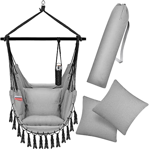 KESSER® Cadeira suspensa com 2 almofadas, porta-bebidas e compartimento para livros, cadeira pendente Safari XXL para adultos e crianças, rede de até 150 kg, para interior e exterior, jardim