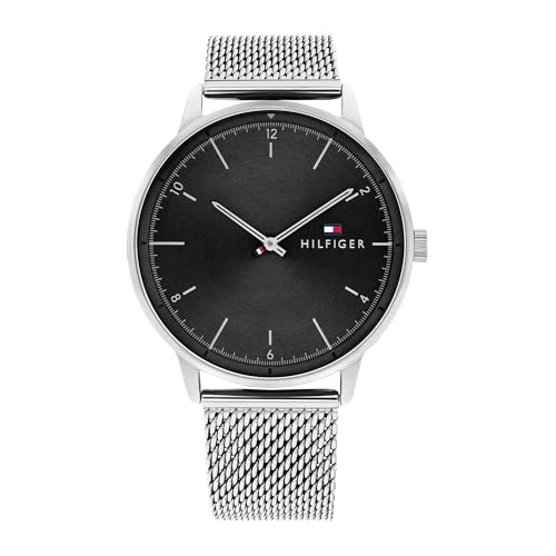 Tommy Hilfiger Relógio analógico de quartzo para homem com correia de malha de aço inoxidável prateado - 1791842, Preto, pulseira