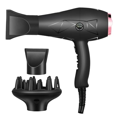 Jolicare Secador de cabelo profissional, 2400 W secador iónico para encaracolar, com difusor e concentrador, luz azul Hair Dryer secagem rápida sala de estar, 2 velocidades 3 temperaturas (preto)