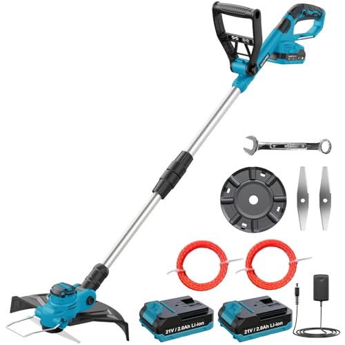 Desboçador de bateria de 21 V, KUZUPRO Corta-cabeças bateria Brushless com 2 baterias de 2,0 Ah, 2 lâminas, cabo ajustável, 2 bobina de fio de 5 m, tubo telescópico, cabeça pivotante de 90 ° para