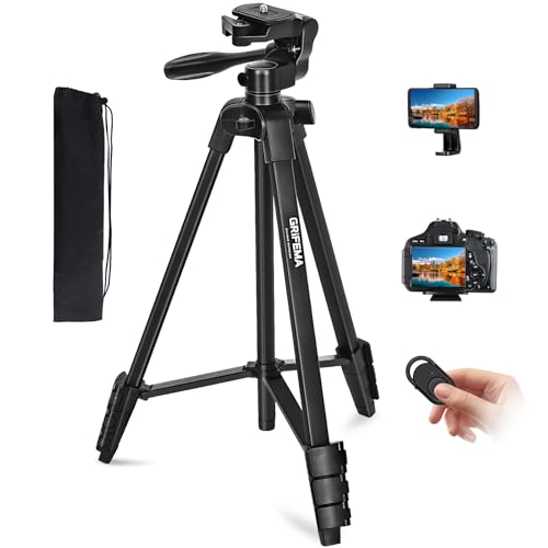 GRIFEMA Tripé câmara de telemóvel, 140 cm, alumínio tripé para telemóvel com controlo remoto desmontável e barra de movimento, rotação, flexível, compatível com iPhone, telefones Android, câmara