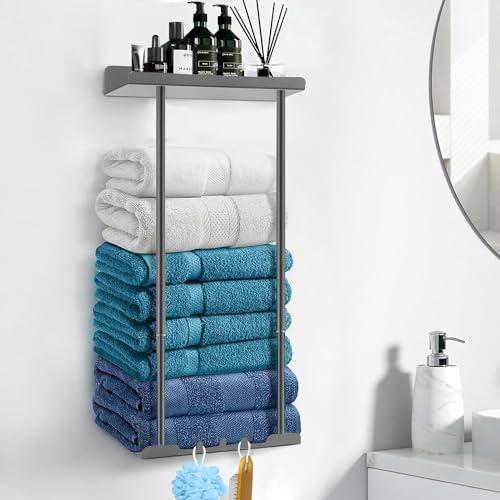 Asdsed Toalheiro sem perfuração - toalheiro extensível autocolante com prateleira, toalheiro de casa de banho de parede, 38-75 cm (cinzento)