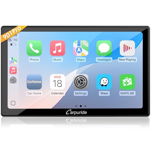 CARPURIDE W901 Pro Carplay portátil e Android Auto com Bluetooth duplo, ecrã táctil de 9 polegadas 1080P para automóvel, Mirror Link/GPS/Siri/FM, suporte para montagem no painel de camião