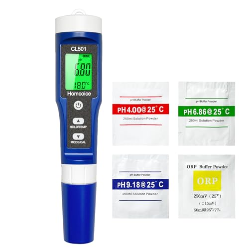 Homcoice Medidor de pH cloro piscinas 5 em 1, pH Cloro ORP HSJFS Temperatura medidor rápida e precisa, teste qualidade água para água potável, spa, aquário, hidroponia