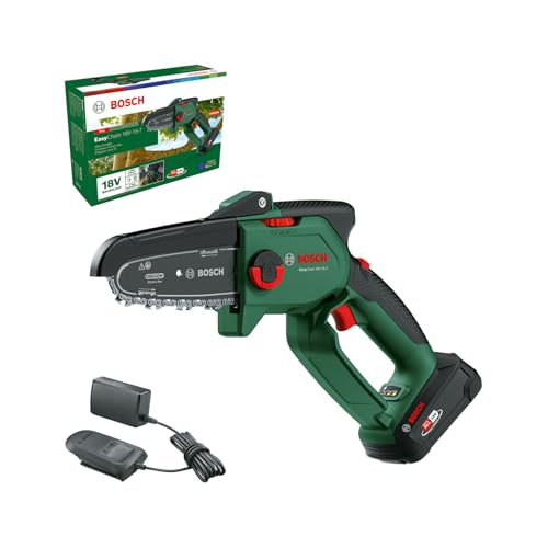 Bosch Mini moto-serra a bateria EasyChain 18 V - 15-7 (para cortar madeira, sistema de 18 volts, velocidade da corrente 6,95 m/s, com 1 bateria de 2,5 Ah e carregador)