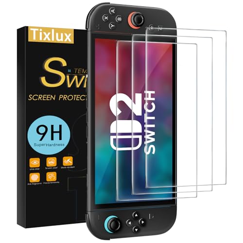 Tixlux Protetor de ecrã 3 unidades compatível com Nintendo Switch 2 (2025), vidro temperado 9H, anti-riscos, ultra transparente, sem bolhas, instalação fácil
