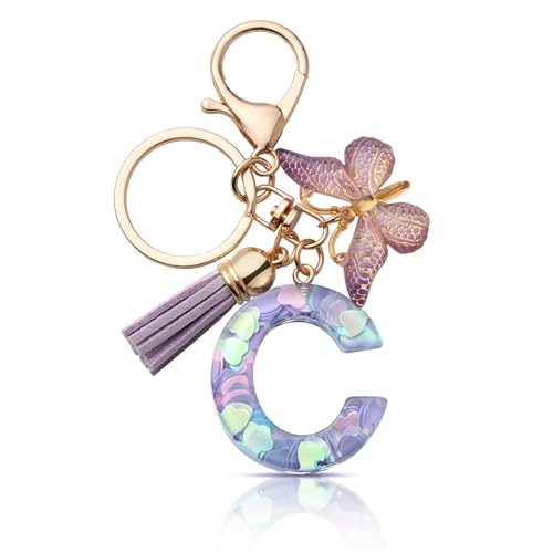CHUQING Porta-chaves com letra menina porta-chaves inicial presente mulher borboleta roxo