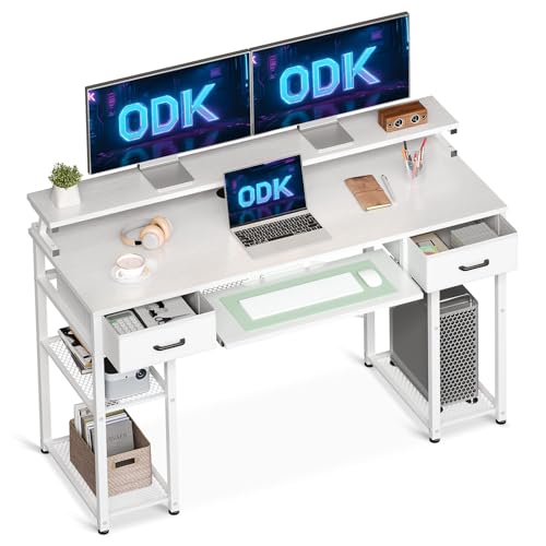 ODK Mesa de computador, mesa com 2 gavetas e bandeja para teclado, mesa de escritório com suporte para monitor, mesa de escritório com prateleira reversível para escritório (branco)