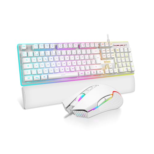 RedThunder K10 Jogo 3 em 1 de teclado, rato e apoio para pulsos de couro, retroiluminação RGB+toque mecânico, teclas anti-fantasma rato 7D 7200DPI, Layout espanhol, compatível com PC/PS5/Xbox branco