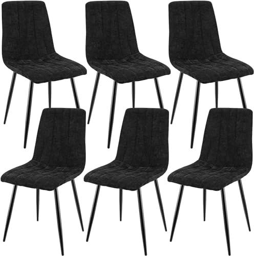 JIJIAN Conjunto de 6 cadeiras de sala de jantar, cadeiras estofada com tecido de linho e pernas de metal preto, design com riscas, cadeiras de sala de jantar para sala de jantar sala de estar quarto