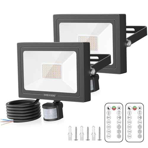 MEIKEE 60 W Focos LED para exterior com sensor de movimento, branco quente 2700 K holofote projetor LED com controlo remoto, 3 modos, impermeável IP66, iluminação de segurança para casa, garagem,