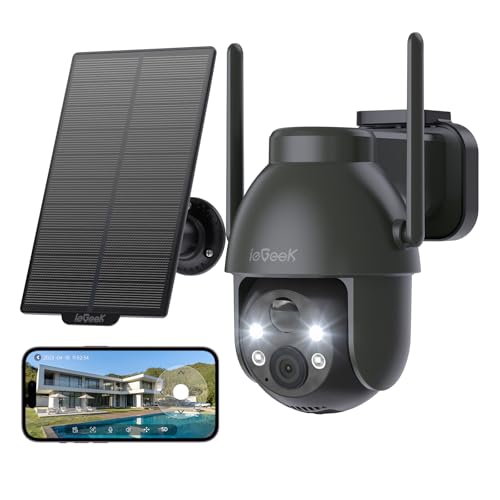 ieGeek 3MP Câmara de vigilância WiFi exterior solar com bateria sem cabos, câmara de vigilância solar exterior visão noturna cor, PTZ 360° APP remoto, detecção humana, IP65, voz bidirecional