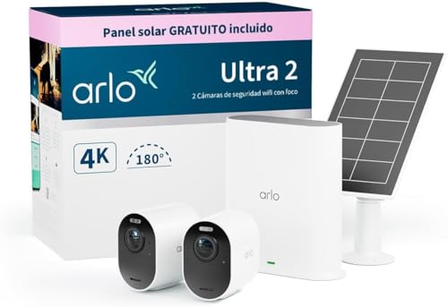 Arlo Ultra 2 Câmara de vigilância WiFi exterior 4K painel solar, câmara de vigilância WiFi interior, sensor de movimento, visão noturna cor, teste de arco seguro incluído, 2 câmaras, pretas