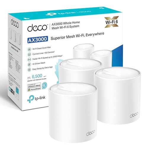 TP-Link Deco X50 (3-Pack) Sistema Wi-Fi 6 AI Mesh, AX3000 banda dupla 2,4 GHz/5 GHz, cobertura até 600 m2, 3 portas GigabIt por unidade, banda de 160 MHz canal, ODFMA, 160 024 QAM Cor branca