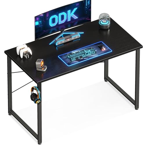 ODK Mesa pequena, mesa de secretária com gancho para auriculares, mesa para quartos pequenos, mesa de computador para escritório em casa (preto, 100 x 48 cm)