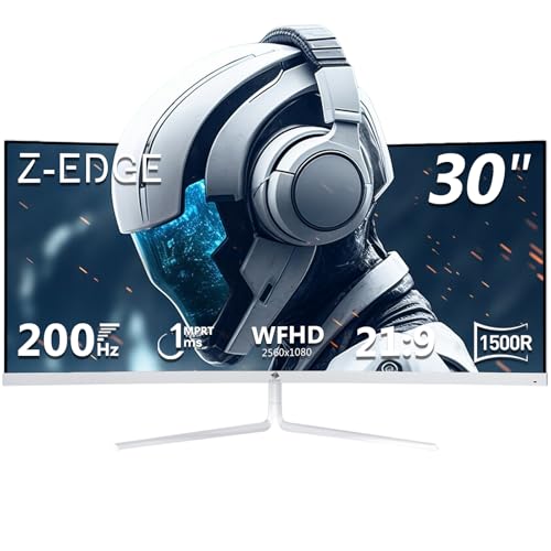 Z-Edge Monitor Gaming Curvo branco de 30" de 200 Hz, 1 ms, 2560 x 1080, FreeSync, ecrã PC White ultra largura 21:9, inclinação ajustável, 1500R VA, 2 × HDMI2.0 &2 × DP1.1.1.1.1.1.1.1.1.1.1.5 4, RGB,