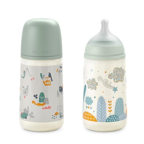 Suavinex, Conjunto de 2 biberões anticólicos de 270 ml, kit de babadores com cetina fisiológica SX Pro, de silicone de fluxo médio (M), com válvula anticólica, para bebés + 3 meses. Azul e verde
