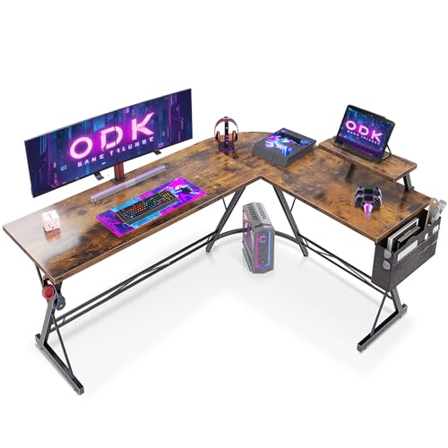 ODK Mesa de jogos, mesa de jogos com prateleira para monitor, mesa com saco de armazenamento, castanho vintage, 167 x 120 cm