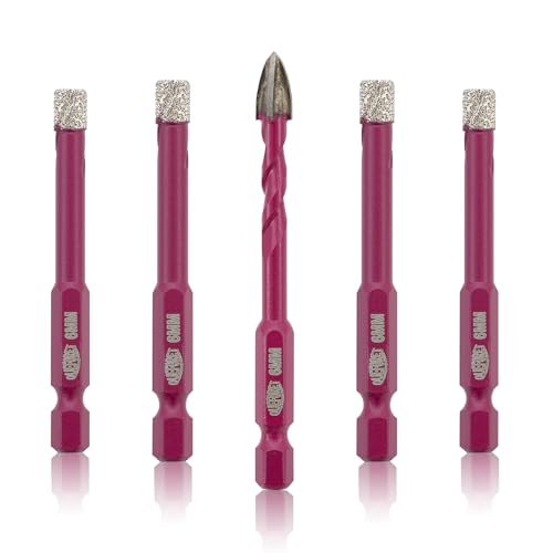 QUEFORET Brocas de diamante 5 peças - 4 peças, 6 mm, brocas de coroa, 1 peça 6 mm broca de carbono para cerâmica celânica azulejos mármore granito, cabo hexagonal de mudança rápida