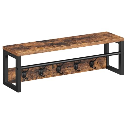 HOOBRO Cabide de parede com prateleira, cabide flutuante com barra e 5 ganchos, prateleira pendente para guarda-chuva, chapéus, para entrada, corredor, sala de estar, preto e castanho rústico