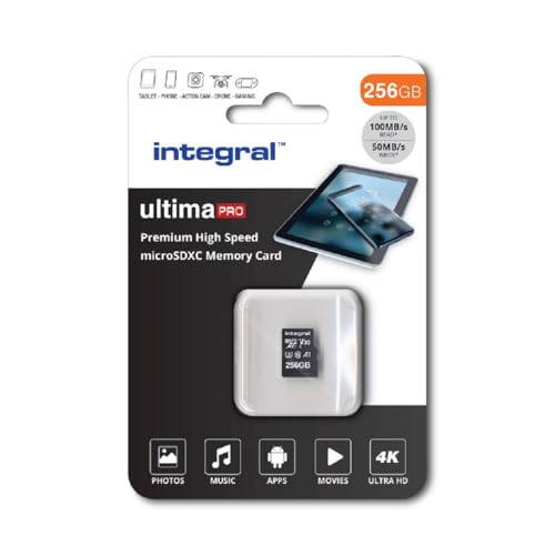 Integral 256GB microSD Card Premium de alta velocidade cartão de memória vídeo 4K - até 100 MB/s leitura e 50 MB/s escrita, UHS-I, U3, classe 10, A1 desempenho para app - smartphones, tablets, drones