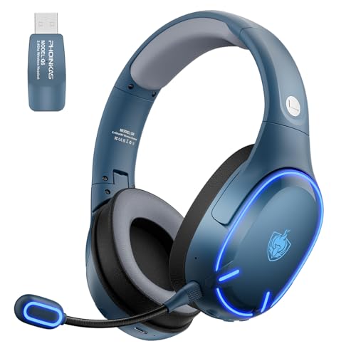 PHOINIKAS Capacetes Gaming sem fios para PC/PS5/PS4, auriculares Gaming sem fios de 2,4 GHz USB Wireless+Bluetooth 5.3, baixa latência qualidade de som 7.1 sem perdas, 30 horas, luz LED (azul)